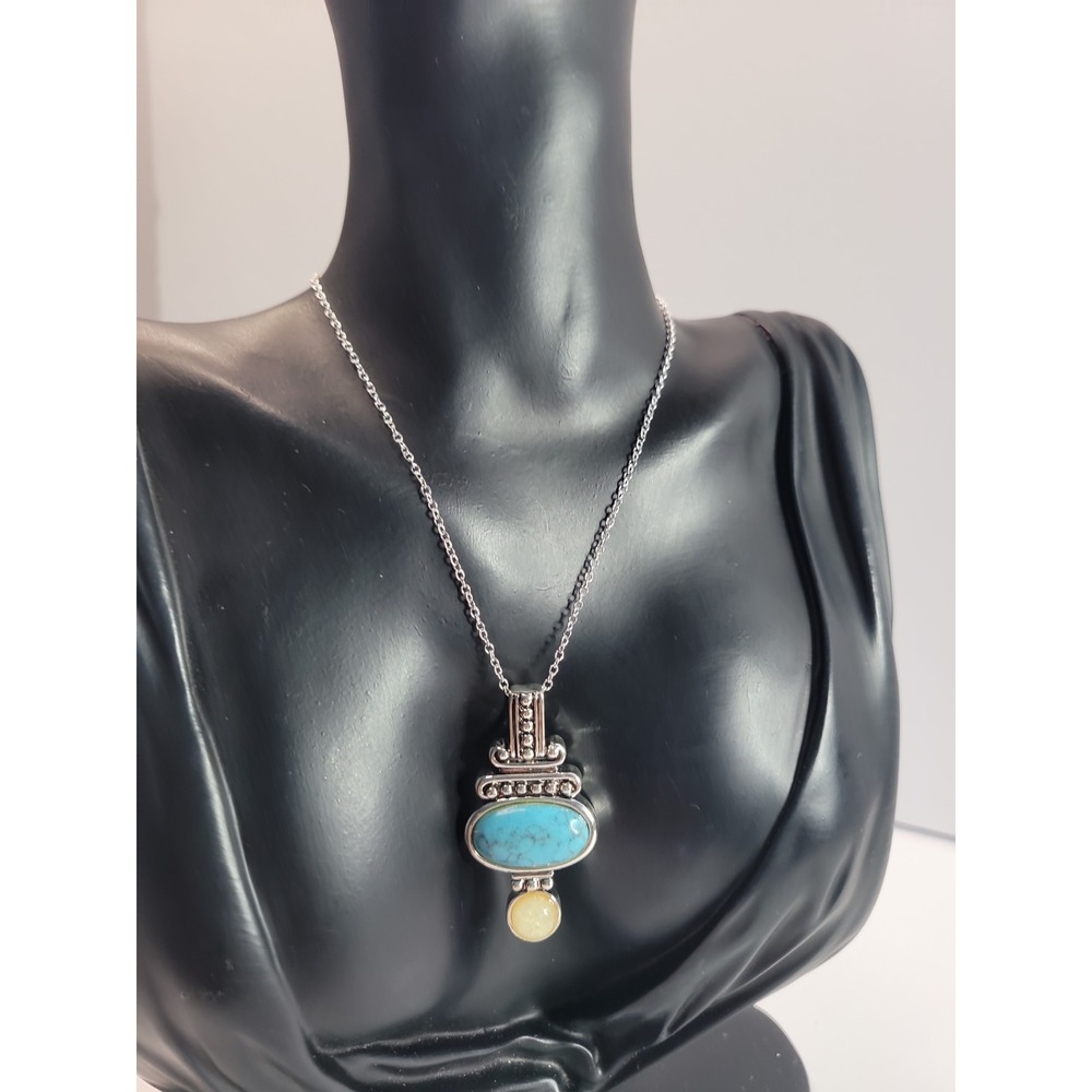 Southwestern Pendant Necklace Blue Ivory Cabochon Silver Tone Boho Tribal
